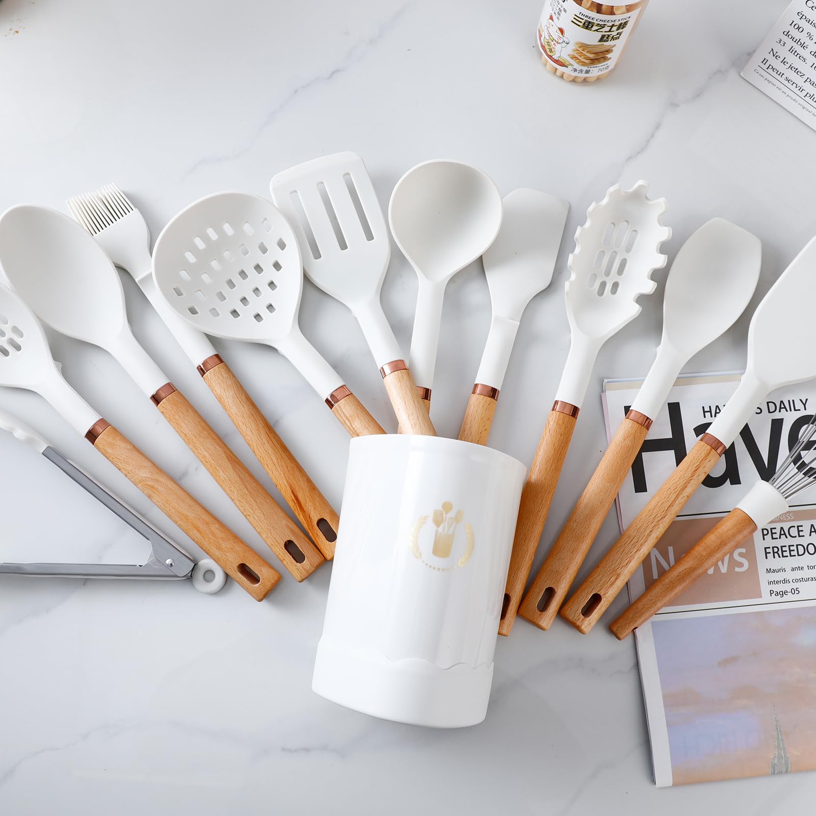 Set di 13 utensili in silicone con manico in legno, antiaderenti, lavabili in lavastoviglie, utensili da cucina senza BPA, resistenti al calore (230 °C/230 °C) padella in ceramica sicura