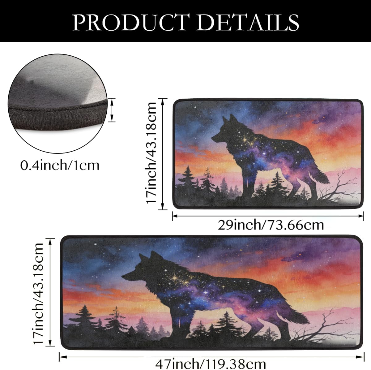 Anti Fatigue Celestial Wolf Art Kitchen Mats for Floor 2 Piece Set, Waterproof Non Slip Boho Kitchen Floor Rugs, Comfort Standing Mat for Sink Laundry & Home Kitchen 17"x47"+17"x29"