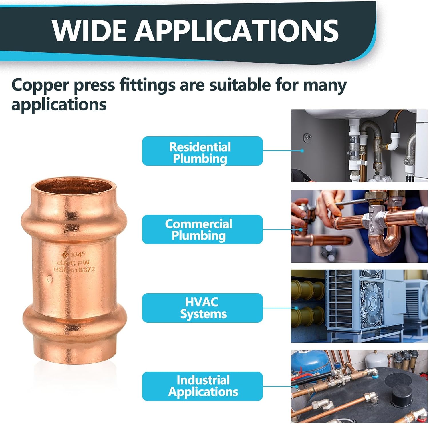 10 Pcs Seelink Press Copper Coupling with Stop, 3/4" P x 3/4" P Pressure Fittings for Copper Tubing