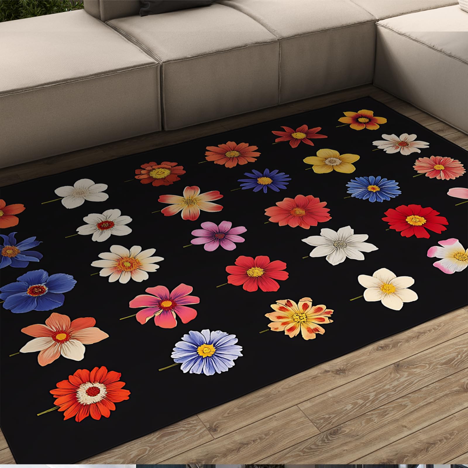 Tapis design moderne fleurs colorées fond noir doux salon 180x240