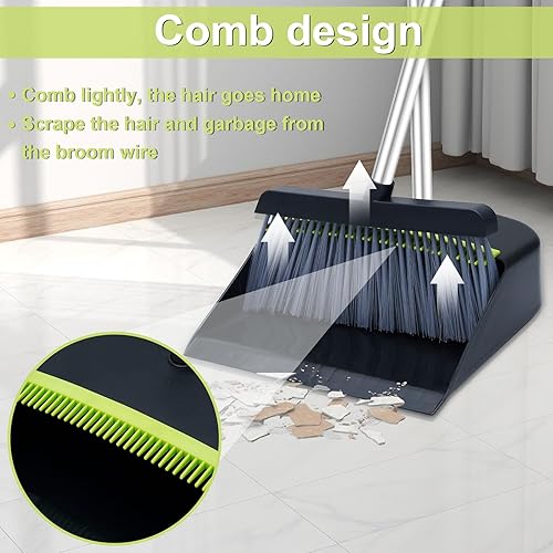 Miniatura 2 de Juego de escoba y recogedor para el hogar, combo de escoba de mango largo de 51 pulgadas con dientes de peine, escoba de cerdas suaves, juego de