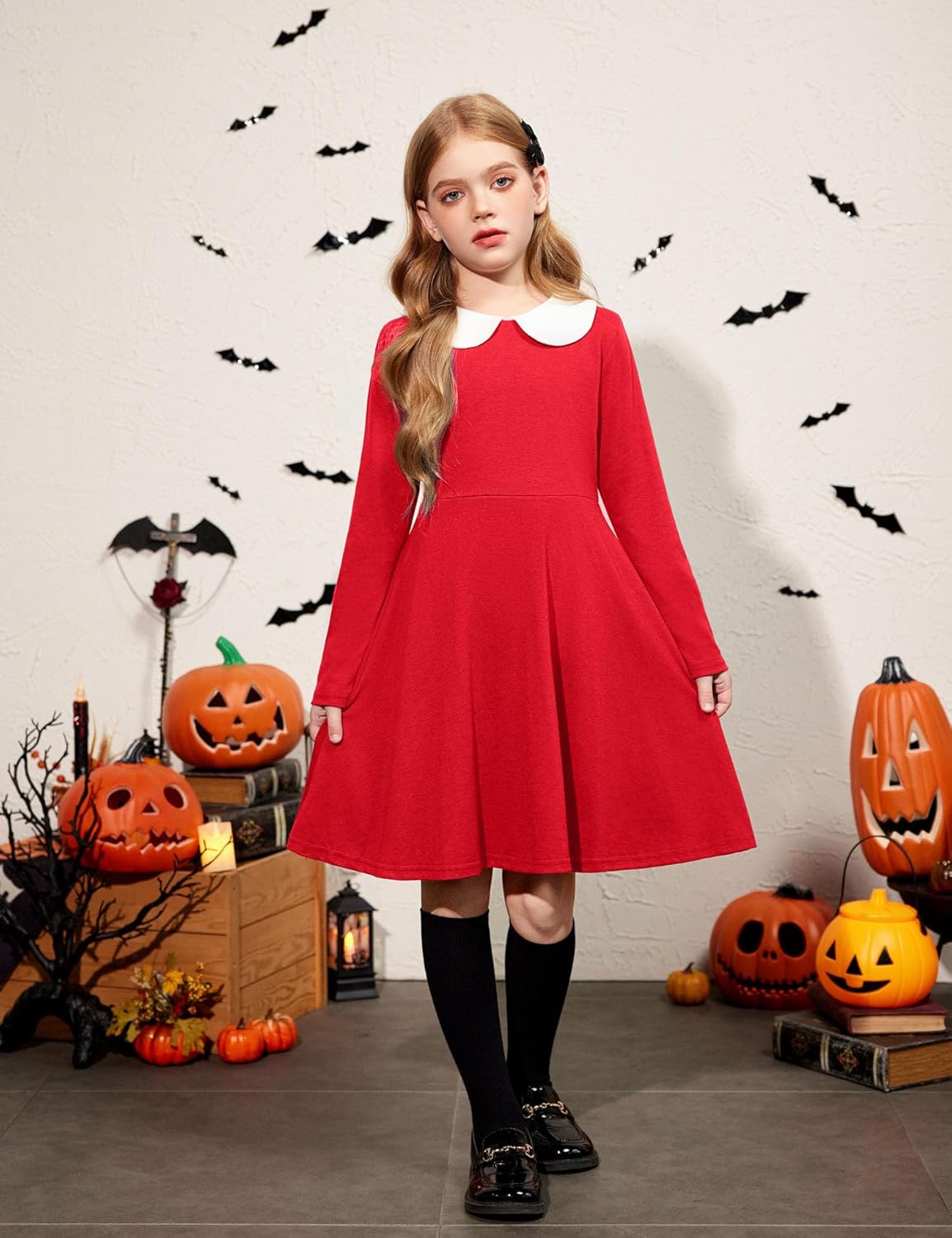 Arshiner Girls Long Sleeve Dress Casual Vintage Peter Pan Collar Swing Party Dress Age 3-14 Years - Image 5