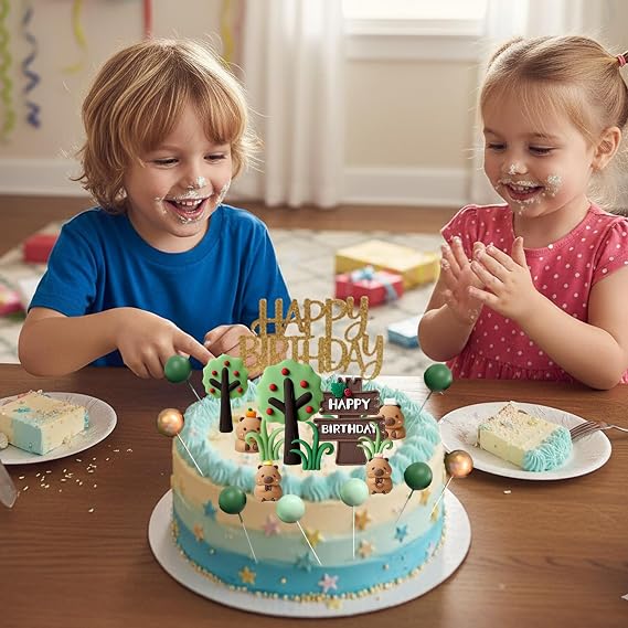 26Pcs Capybara Cake Topper, Jungle-Themed Birthday Cake Decorations Set with Trees, Grass and Colourful Balls