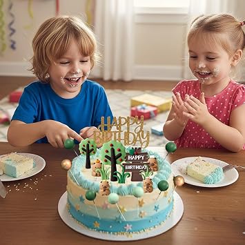 26Pcs Capybara Cake Topper, Jungle-Themed Birthday Cake Decorations Set with Trees, Grass and Colourful Balls
