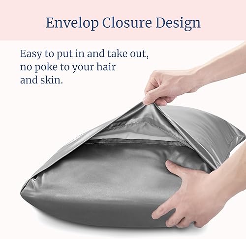 Miniatura 6 de BEDELITE - Juego de 2 fundas de almohada de seda satinada ideales para el cabello y la piel, color gris, tamaño estándar, supersuaves, con cierre de