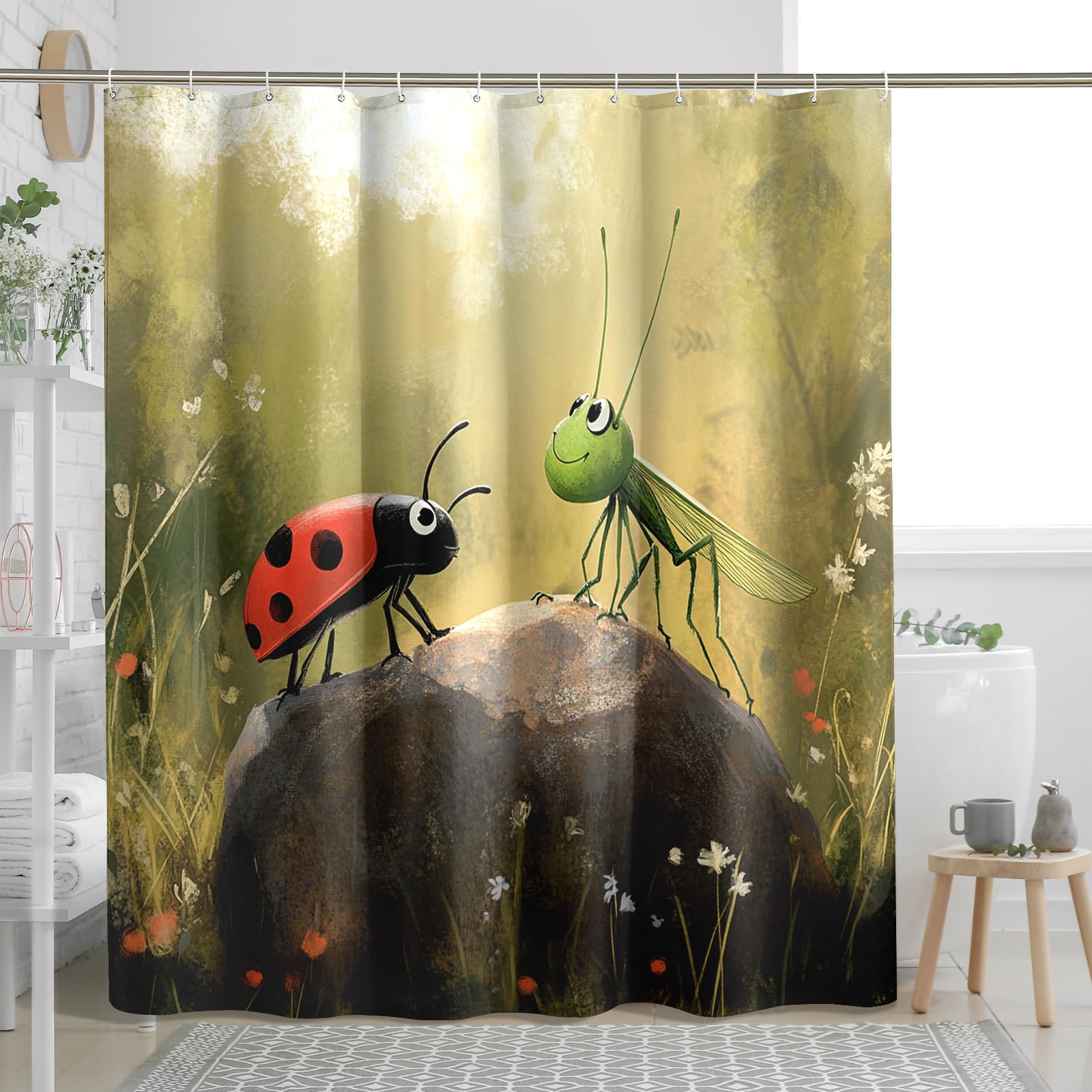 DESIHOM Cartoon Kids Ladybug Shower Curtain Set, Anime Fun Insect Shower Curtain, Cool Boy Teen Bathroom Accessories, Fabric Decorative -72 Inch
