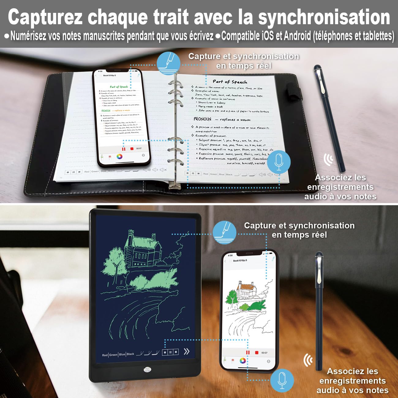 Ophayapen Stylo Intelligent – Kit d’Écriture Connecté avec Synchronisation Mobile, OCR, Notes Audio, Compatible iOS & Android