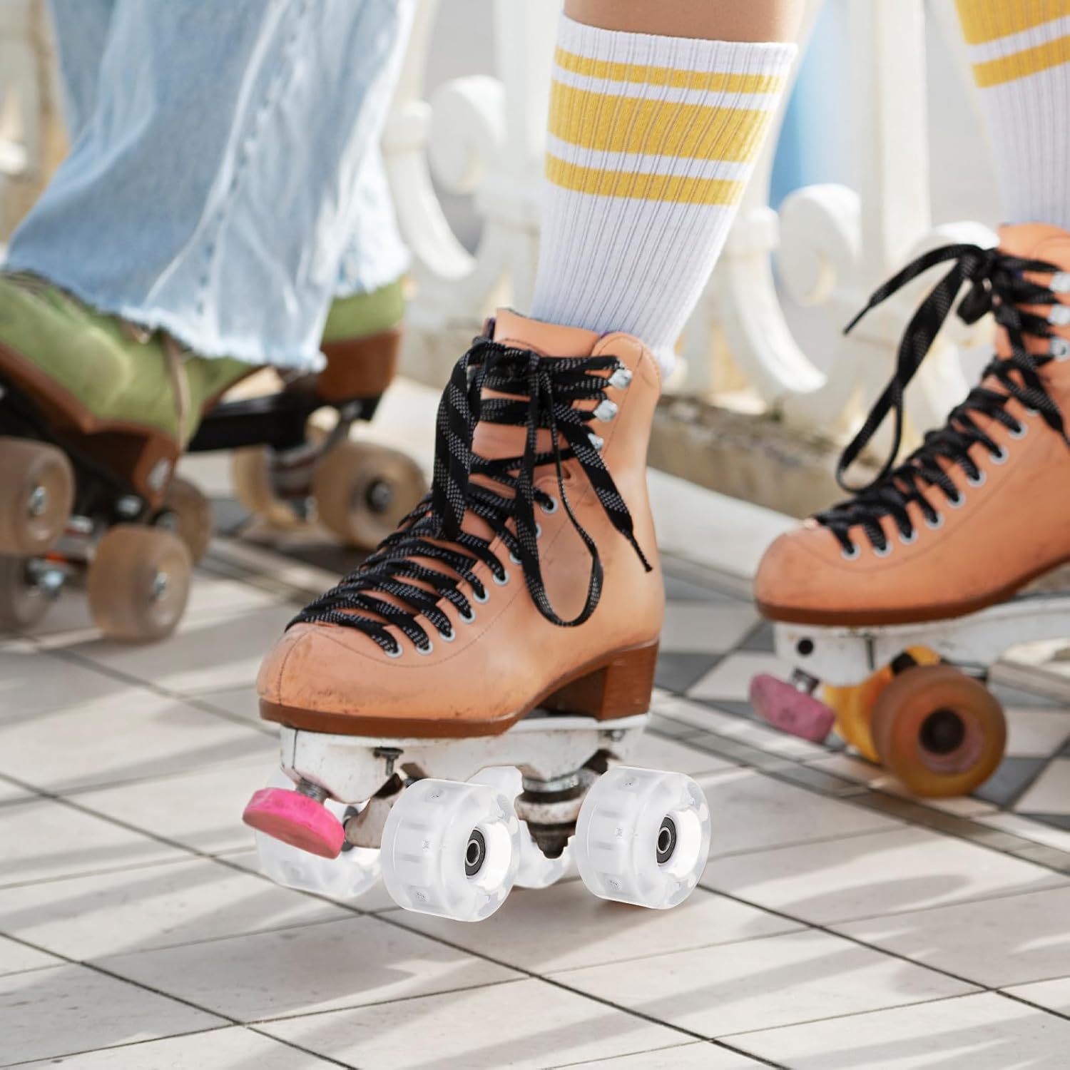 Light Up Roller Skating Wheels 4pcs PU Outdoor Skate Wheels with Six High-Brightness LED Lights and Wrench for Indoor Outdoor Roller Skates Replacement