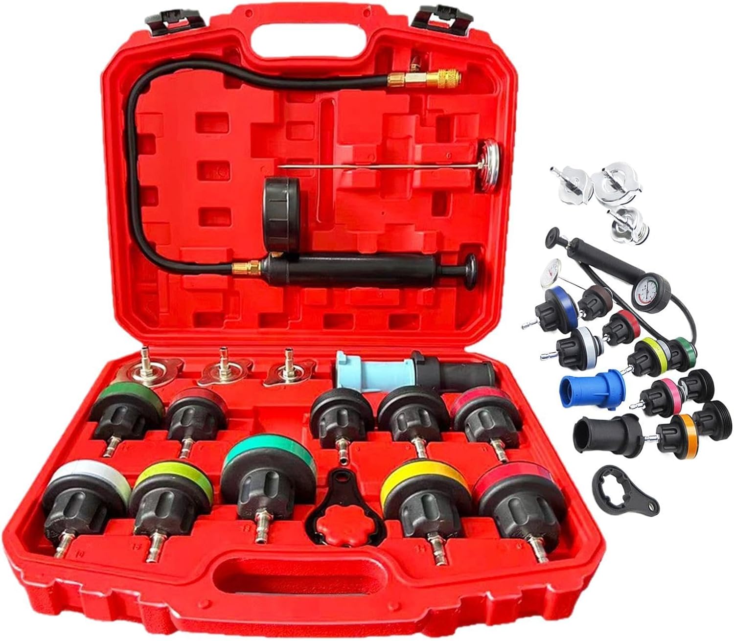 Precision Coolant Tester, Pressure Radiator Tester, 25 Piece Leak Detector with Vacuum Pump, Heavy Duty Metal Gauge, Cooling System Tool with Professional, Automotive Tool for Engine Repair