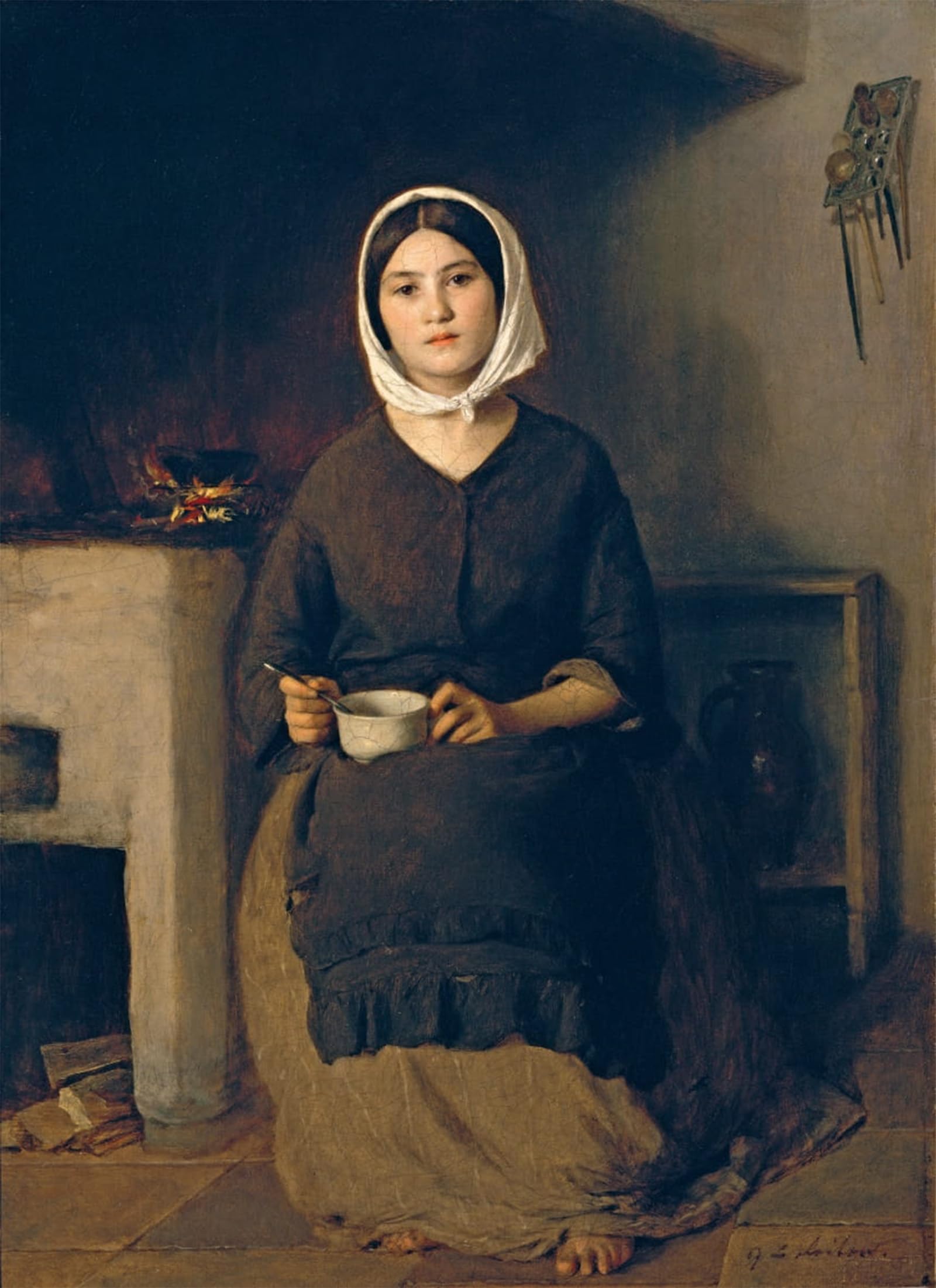SERENDIPITP Vintage Picture Print on Canvas Wall Art Poster Woman Sitting in a Peasant Kitchen by Johann Baptist Reiter Artwork Print Poster for Wall Decor 60x90cm