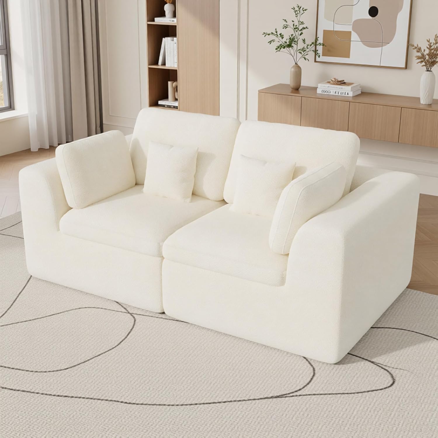 Luxanimarion Loveseat Sofa, Cloud Boneless Couches for Living Room, 2 Seater Modular Sectional Sofa,Oversized,Beige Chenille