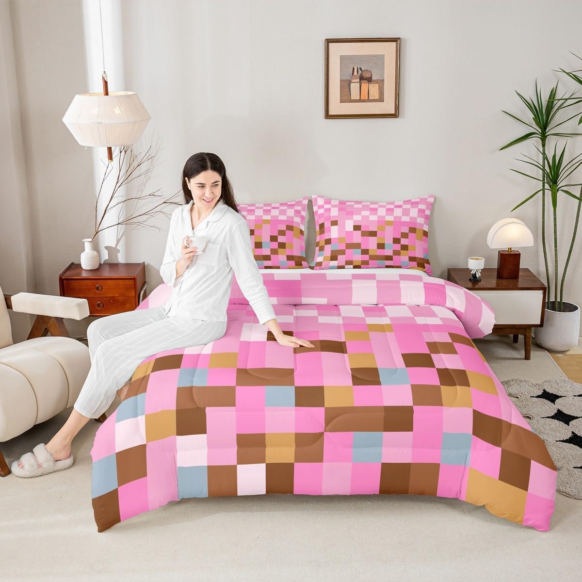 Manfei Pixelated Grid Kids Comforter Set,Miners Games Gamepad All Season Bedding Set for Girls Bedroom Decor,Geometric Grid Square Pink Blocks Comforter 2 Pcs with 1 Pillowcase,Toddler Size image 3
