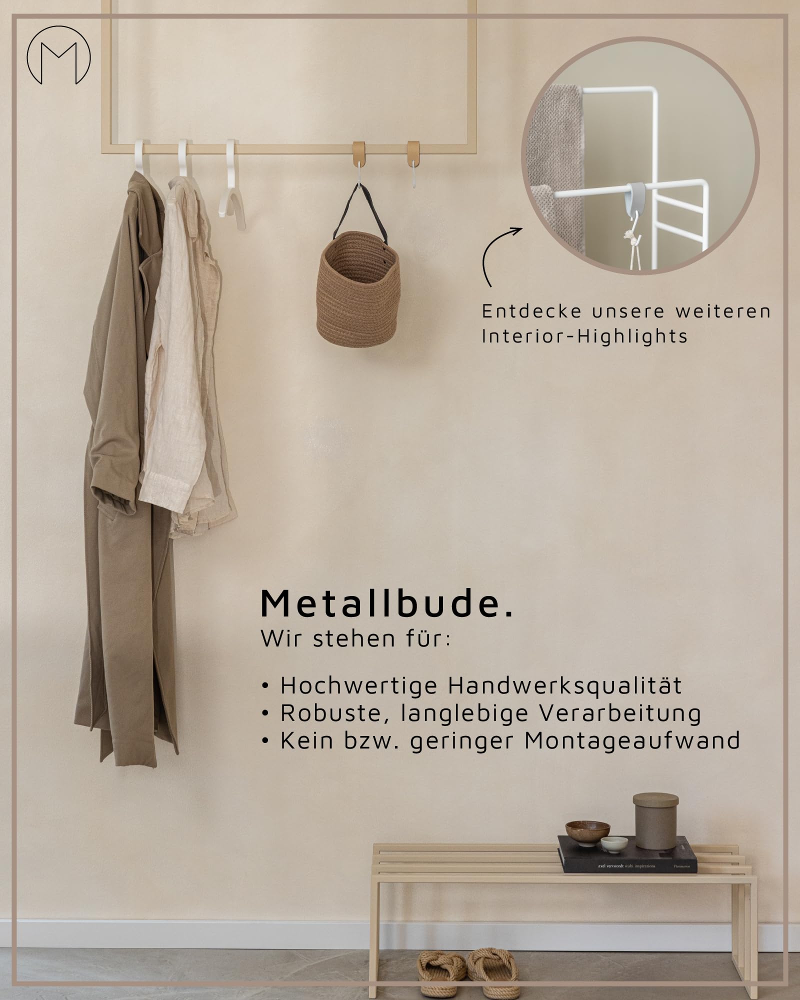 Metallbude Handtuchhalter NALI - Schwarz - Wandmontage - Pulverbeschichtetes Stahlrohr - Kratz-, Stoß- & Schlagfest - 4x10x50 cm
