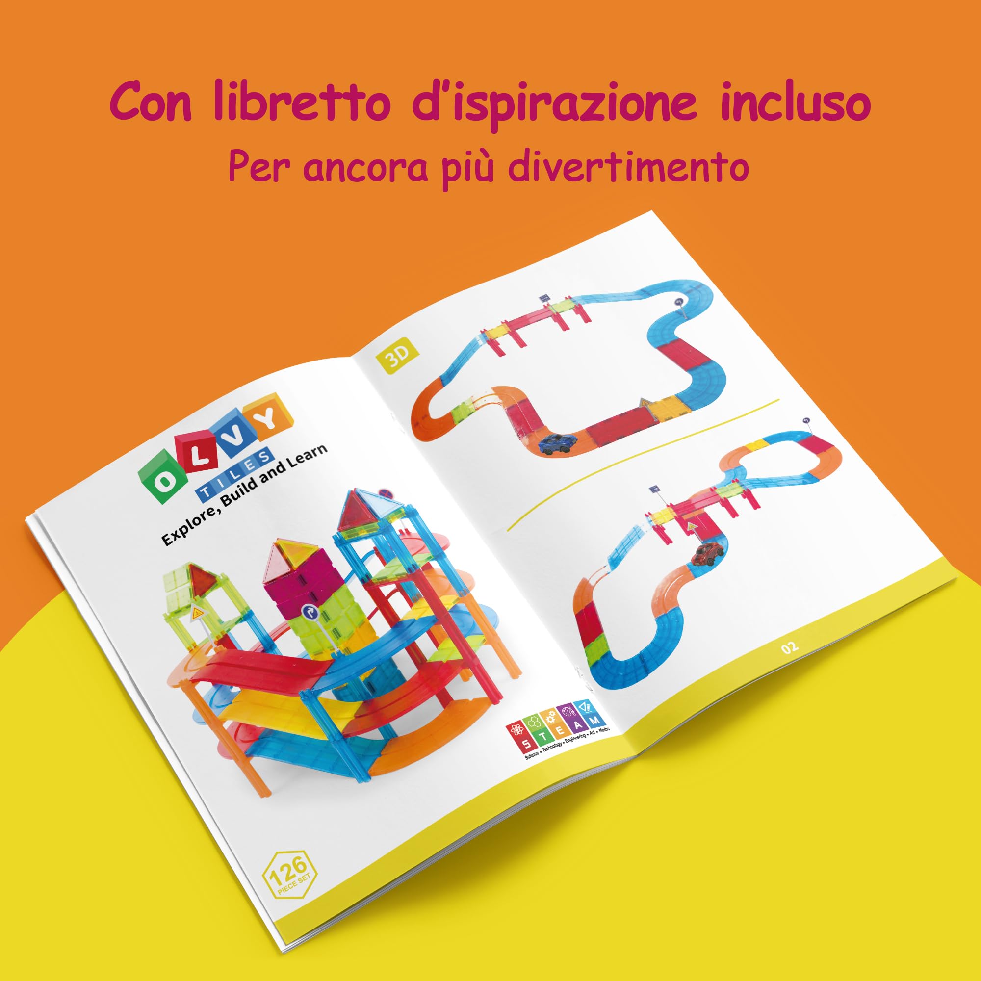 Olvy Blocchi magnetici Montessori Giocattoli – 126 Piastrelle magnetiche per bambini – Giocattolo da costruzione magnetico a partire dai 3 anni – Smart Playground mattoncini magnetici per bambini