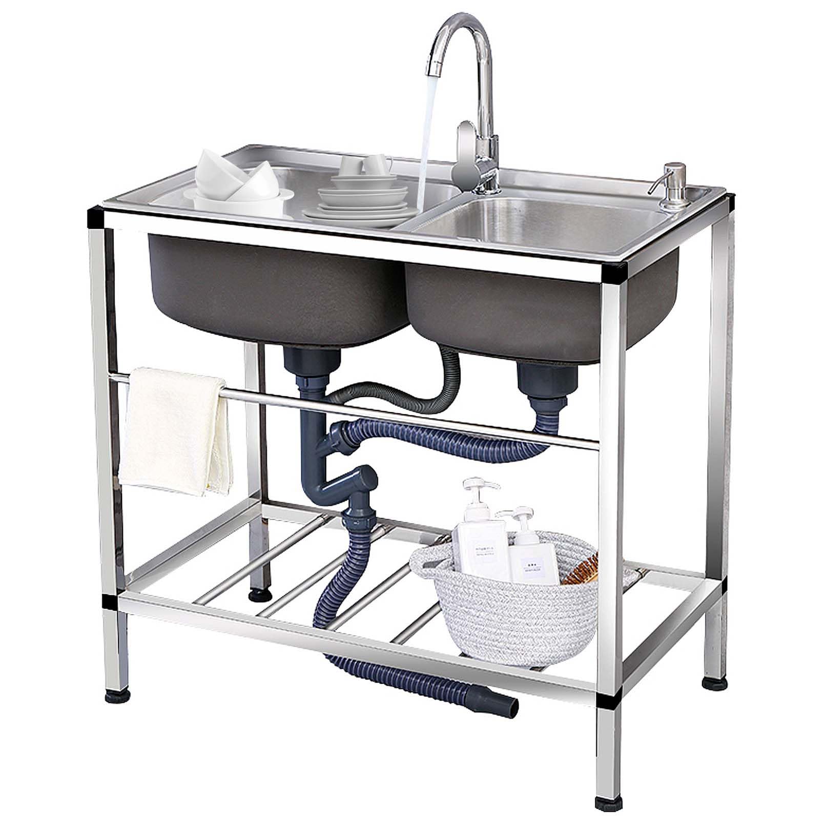 TAXXII 304 Stainless Steel Kitchen Sink, Portable Outdoor Laundry Double Bowl Freestanding Utility Sinks, Tub with Cold Hot Faucet