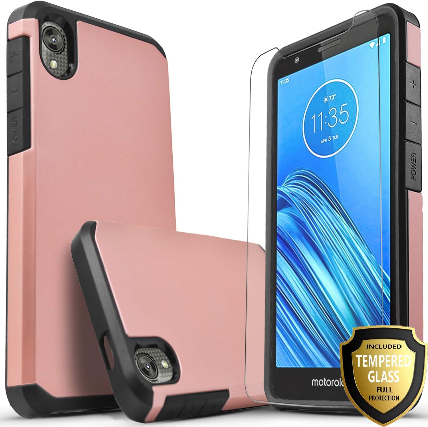 STARSHOP Moto E6 Phone Case, with [Tempered Glass Protector Included] Dual Layers Shockproof Drop Protection Impact Advanced Rugged Protective Phone Cover-Rose Gold
