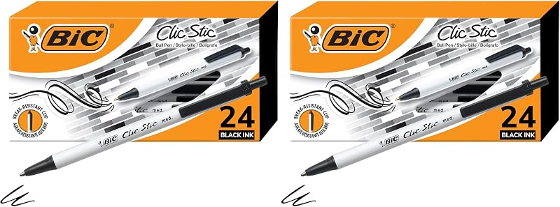 Bolígrafos retráctiles BIC Clic Stic negros, punta media (1,0 mm), diseño de barril redondo para una escritura cómoda, 24 unidades (paquete de 2)