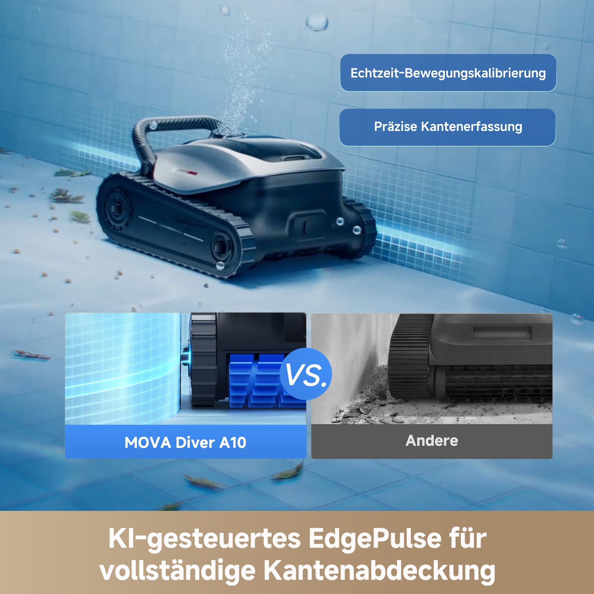 MOVA Diver A10 Poolroboter, 22.700 l/h Saugleistung, 240 Min. Laufzeit, KI Kantenreinigung & Routenplanung, doppelte Wasserlinienreinigung, großer 3,5 l Filterkorb, wöchentliche Zeitplanung