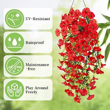 2Pcs Artificial Hanging Flowers Outdoor, Fake Trailing Plants Morning Glory Decoration UV-Resistant for Hanging Baskets - Spring Decor Garden Porch Wedding , Drooping Design for Pots & Patio (Red)