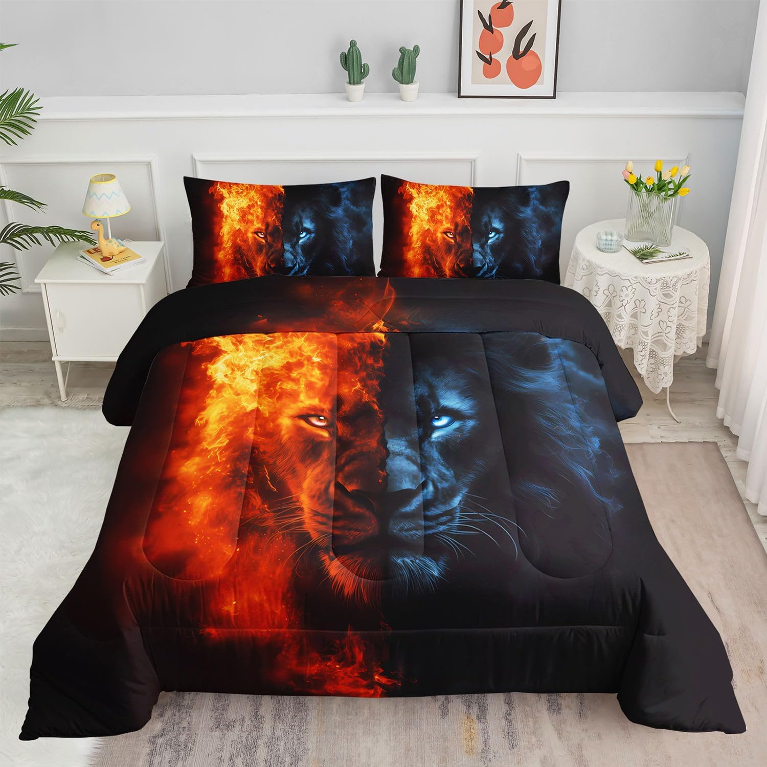 Lion Comforter Set Wild Animals Printed Bedding Set with 1 Comforter and 2 Pillowcases for Boys and Girls Bedroom All Season(Lion Twin)