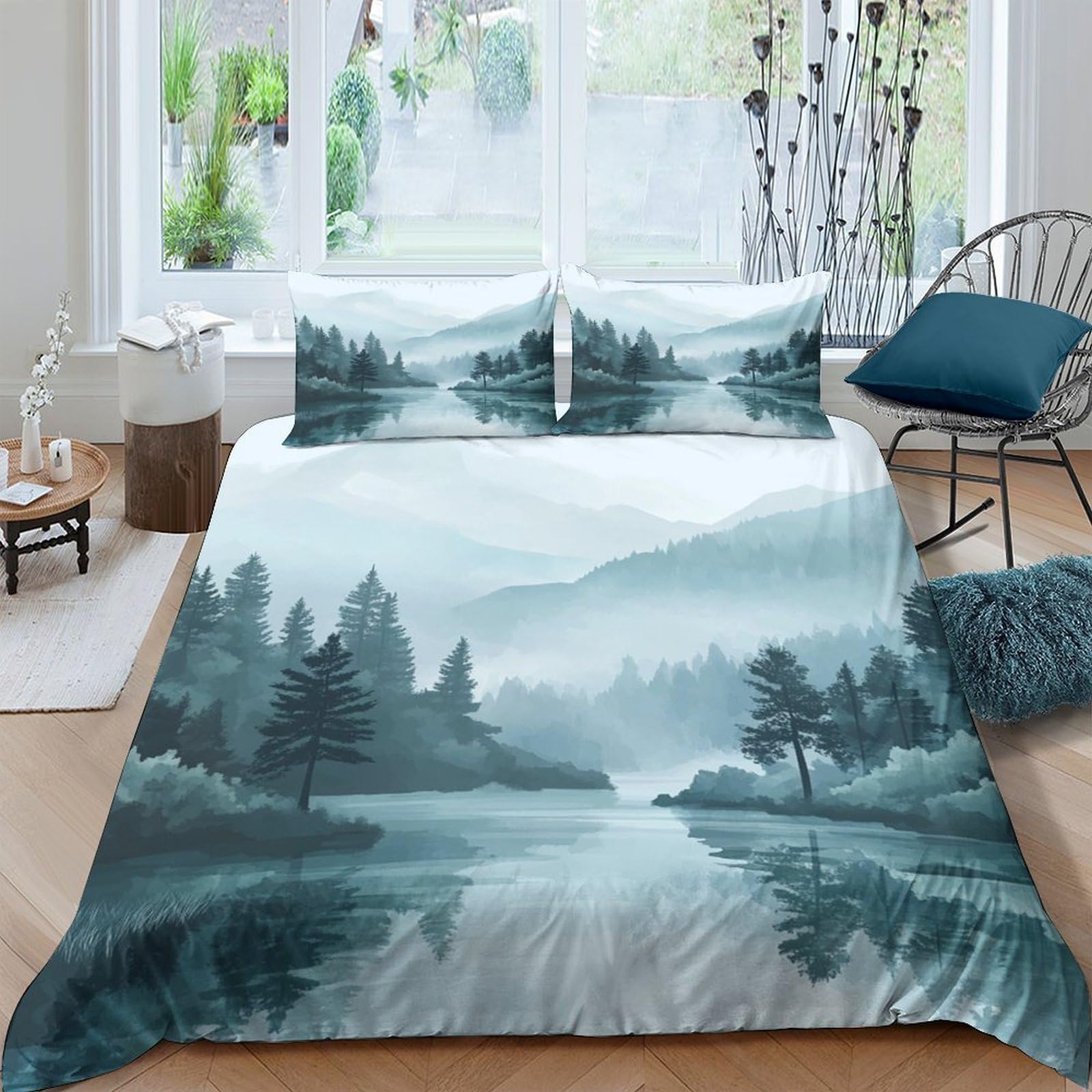 Ctjqhvkz Style-5 3D Printed Misty Forest Landscape Fitted Sheet Microfiber Soft Breathable Mountain River Mattress Cover Bedroom Decor Single（135X200cm）
