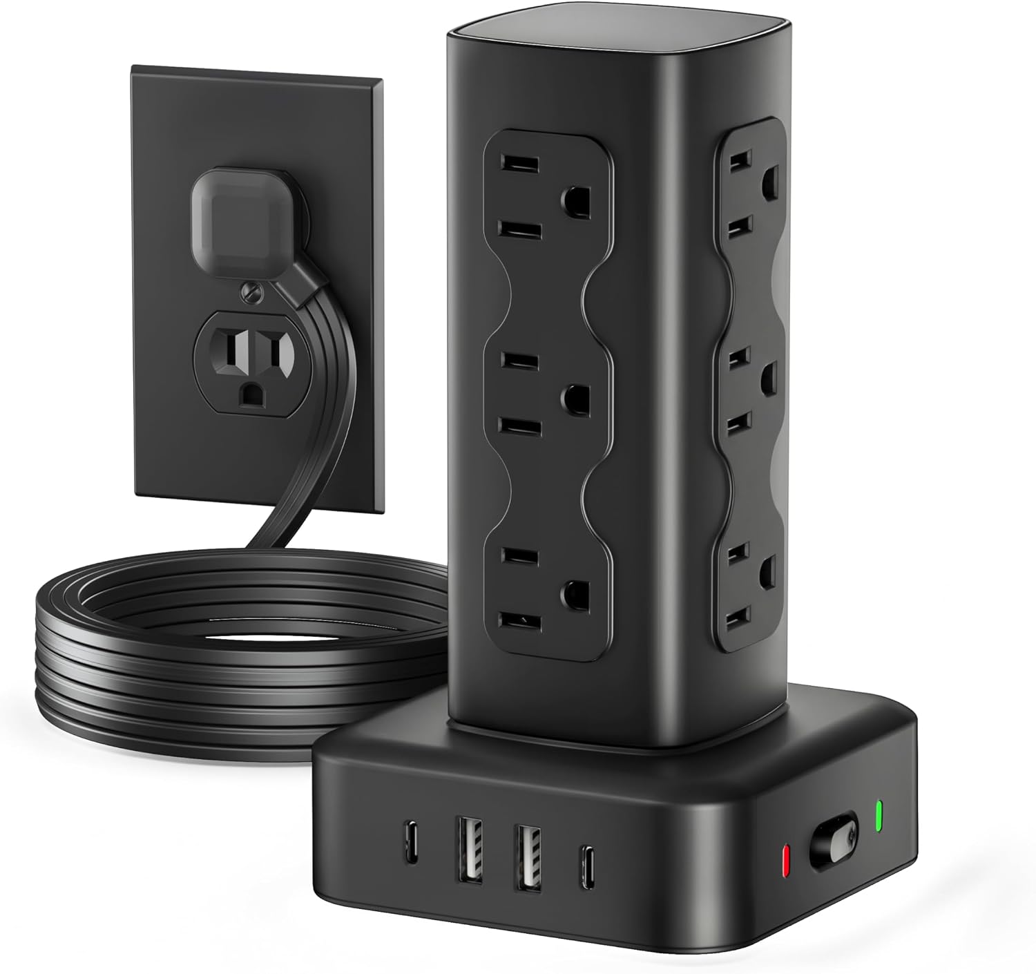 Power Strip Tower Surge Protector(2000J), Flat Plug Charging Station Tower with 12 AC Outlets & 4 USB Ports(2 USB C), 6FT Extension Cord for Home Office Dorm, Black