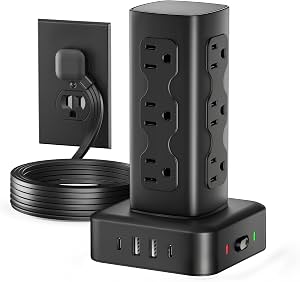 Torre de enchufes con 12 tomas de corriente y 4 puertos USB (2 USB C), cable de 6 pies