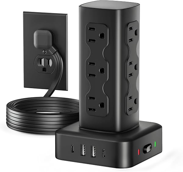 Torre de enchufes con 12 tomas de corriente y 4 puertos USB (2 USB C), cable de 6 pies