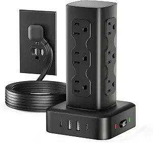 Power Strip Tower Surge Protector(2000J), Flat Plug Charging Station Tower with 12 AC Outlets & 4 USB Ports(2 USB C), 6FT Extension Cord for Home Office Dorm, Black
