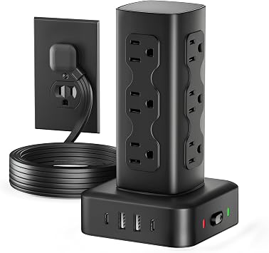 Power Strip Tower with 12 AC Outlets & 4 USB Ports(2 USB C), 6FT Cord