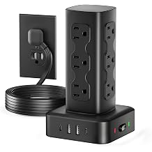 Power Strip Tower with 12 AC Outlets &amp; 4 USB Ports(2 USB C), 6FT Cord | 16-in-1 Flat Plug Charging Station Tower , 6FT Extension Cord for Home Office Dorm, Black