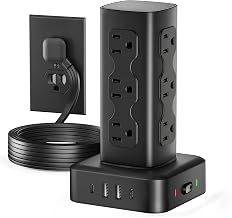 Power Strip Tower Surge Protector(2000J), Flat Plug Charging Station Tower with 12 AC Outlets & 4 USB Ports(2 USB C), 6FT Extension Cord for Home Office Dorm, Black