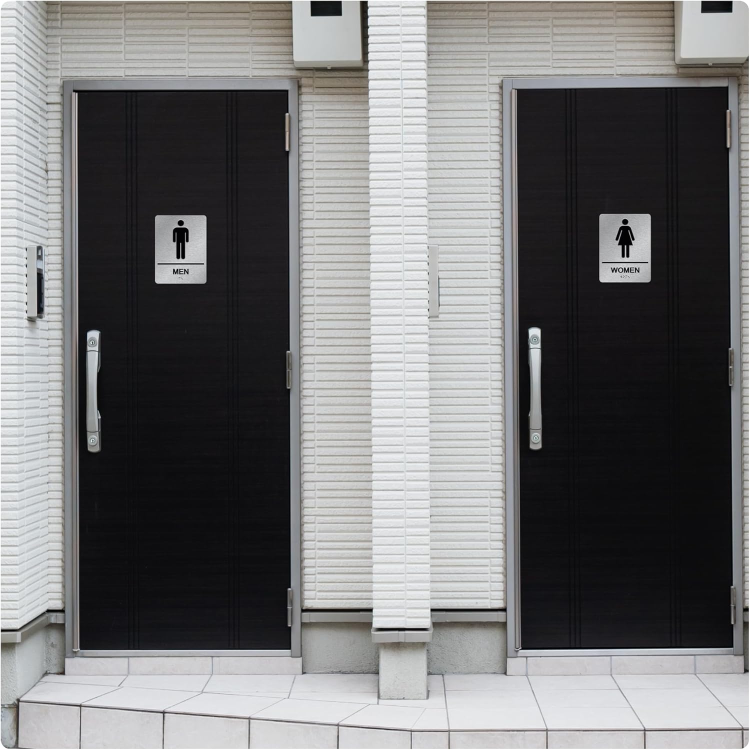 ADA Braille Men and Women Restroom Signs for Business with Double Sided 3M Strong Tape (Pack of 4) - Aluminum Bathroom Sign 6” x 8” for Offices and Restaurants