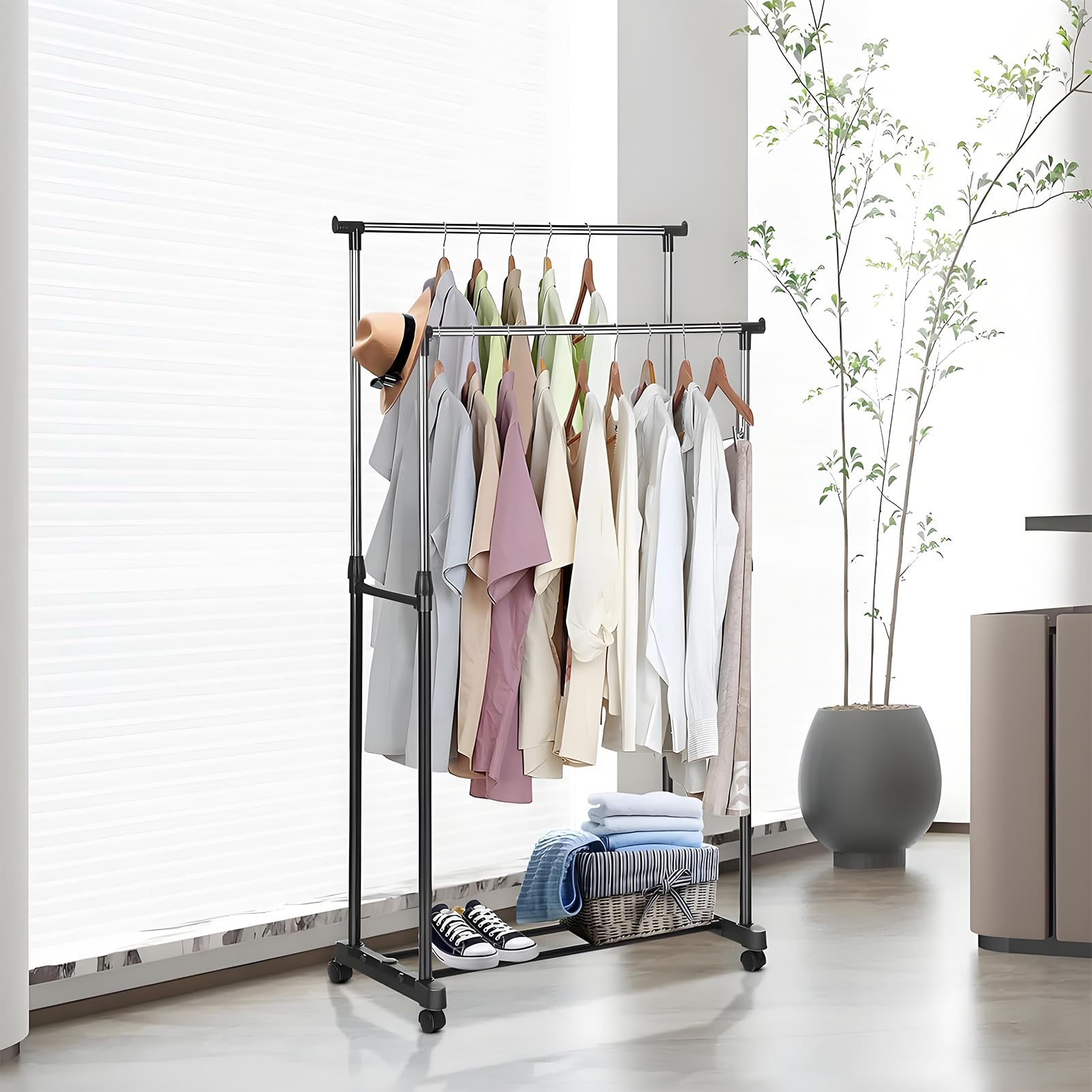 Kleiderständer mit Rollen Tragbarer Kleiderständer Höhenverstellbare Stabiler Kleiderstange 90-160cm Ausziehbare Hängeschienen Metallrahmen Schwarz für Schlafzimmer Waschräume