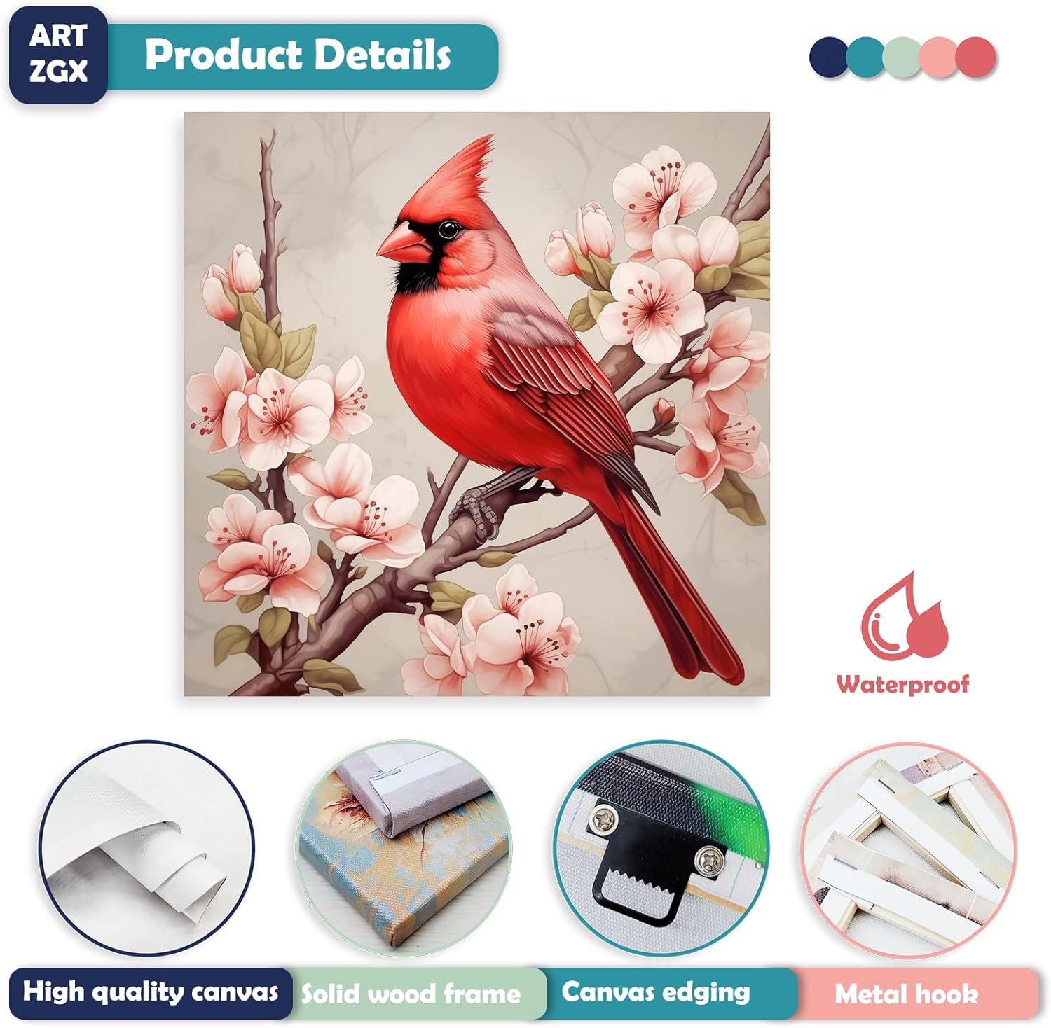 ARTZGX Red Birds Canvas Wall Art Cardinal on Tree Branch with Pink Flowers Painting Christmas Picture for Bedroom Decor Frame(Red Birds - A,12.00" x 12.00")