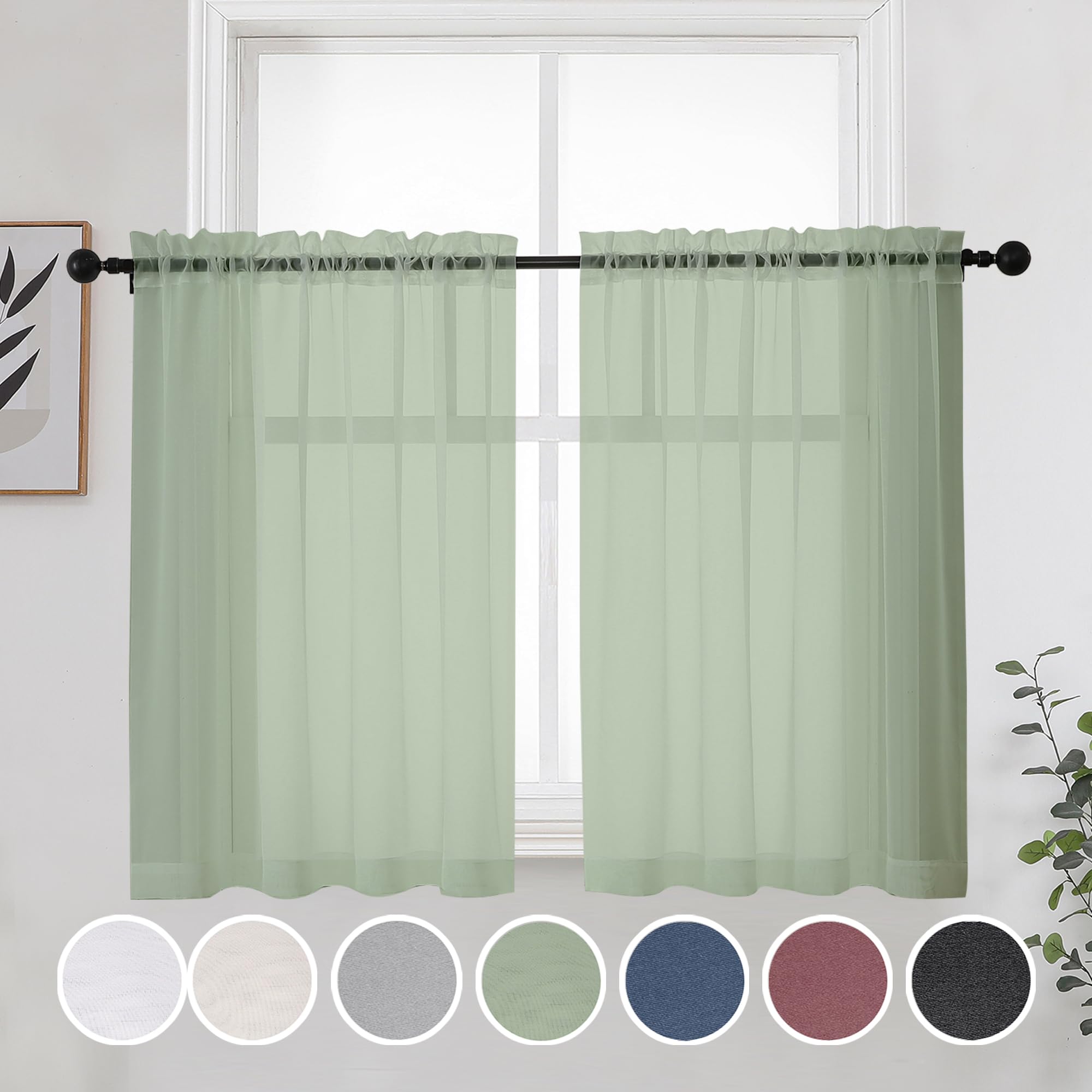 Sage Green Sheer Curtains 36 Inches 2 Panels Set - Kitchen Tiers Valances Curtains Light Filter Rod Pocket Voile Cafe Curtains for Kitchen Bathroom Small Half Window, 42 in W x 36 in L