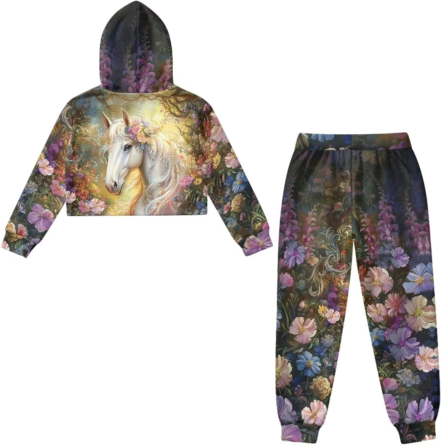 Girls Hoodie and Sweatpant Set for Kids Drop Shoulder Crop Sweatsuit with Pockets