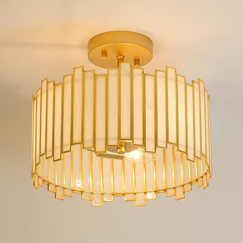 Miniatura 2 de Lámpara de techo dorada con forma de tambor, lámpara Tiffany moderna de montaje semiempotrado de 12.5 pulgadas con vidrio blanco, 3 luces redondas