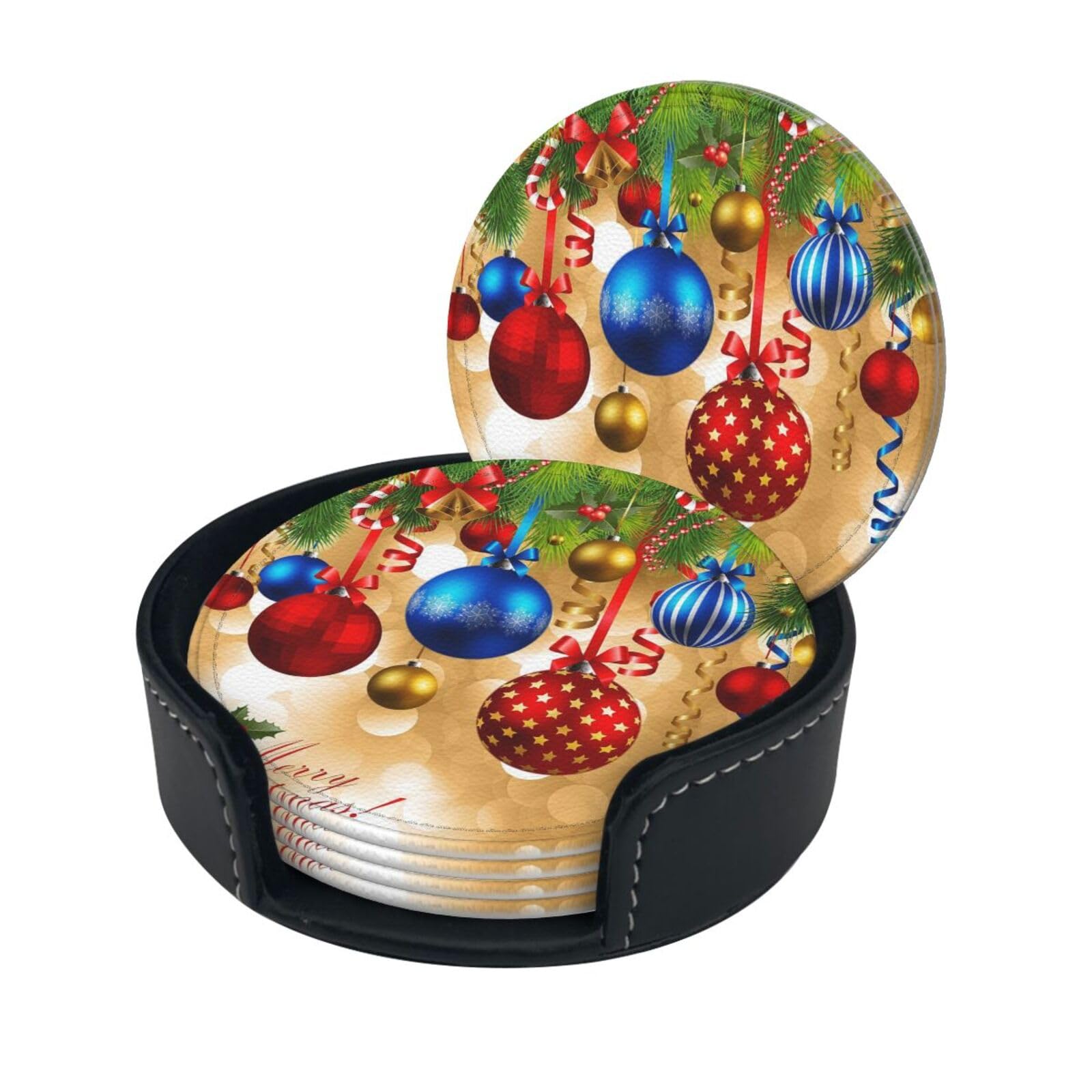 Lklddpzb White Merry Christmas Print Round Leather Coasters - Set Of 6, Ultra-Fiber Pu Leather