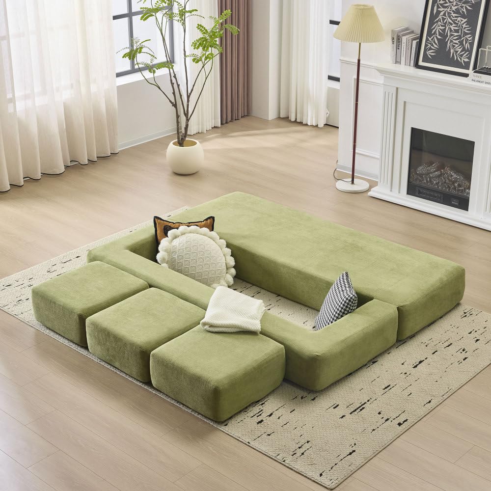 Canapé d'angle Convertible,canapé Convertible,Ensemble canapé lit Convertible avec 3 Repose-Pieds,Lit en Mousse Haute résilience, canapé de Sol Gain de Place en Chenille (Vert)
