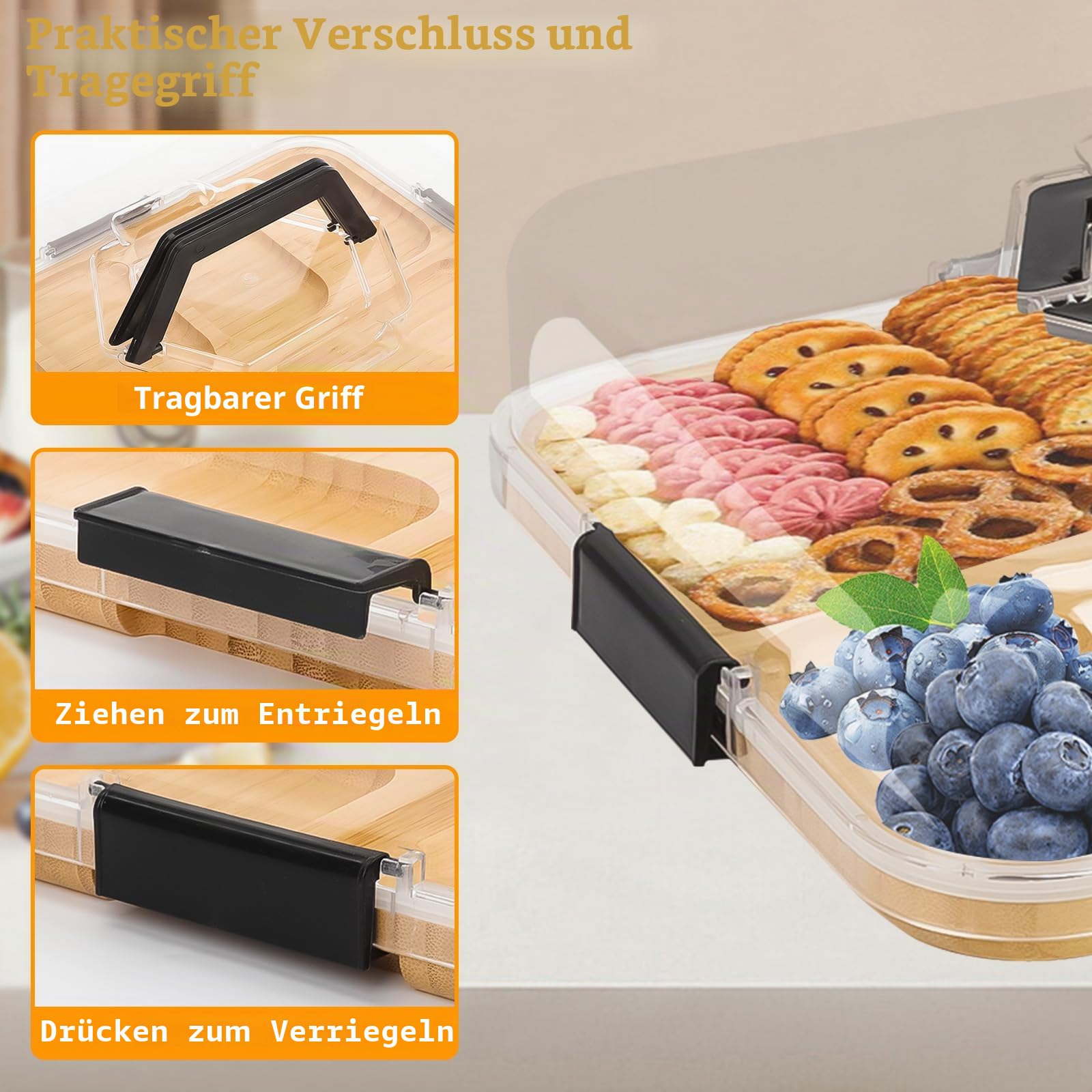 Geteiltes Serviertablett, Tragbar snackbox Organizer, 6/5 FächernBrett mit transparentem Deckel und Griff Snackbox, Reise Charcuterie Auslaufsicherer Snackteller Organizer für Nüsse (6 Fächer)