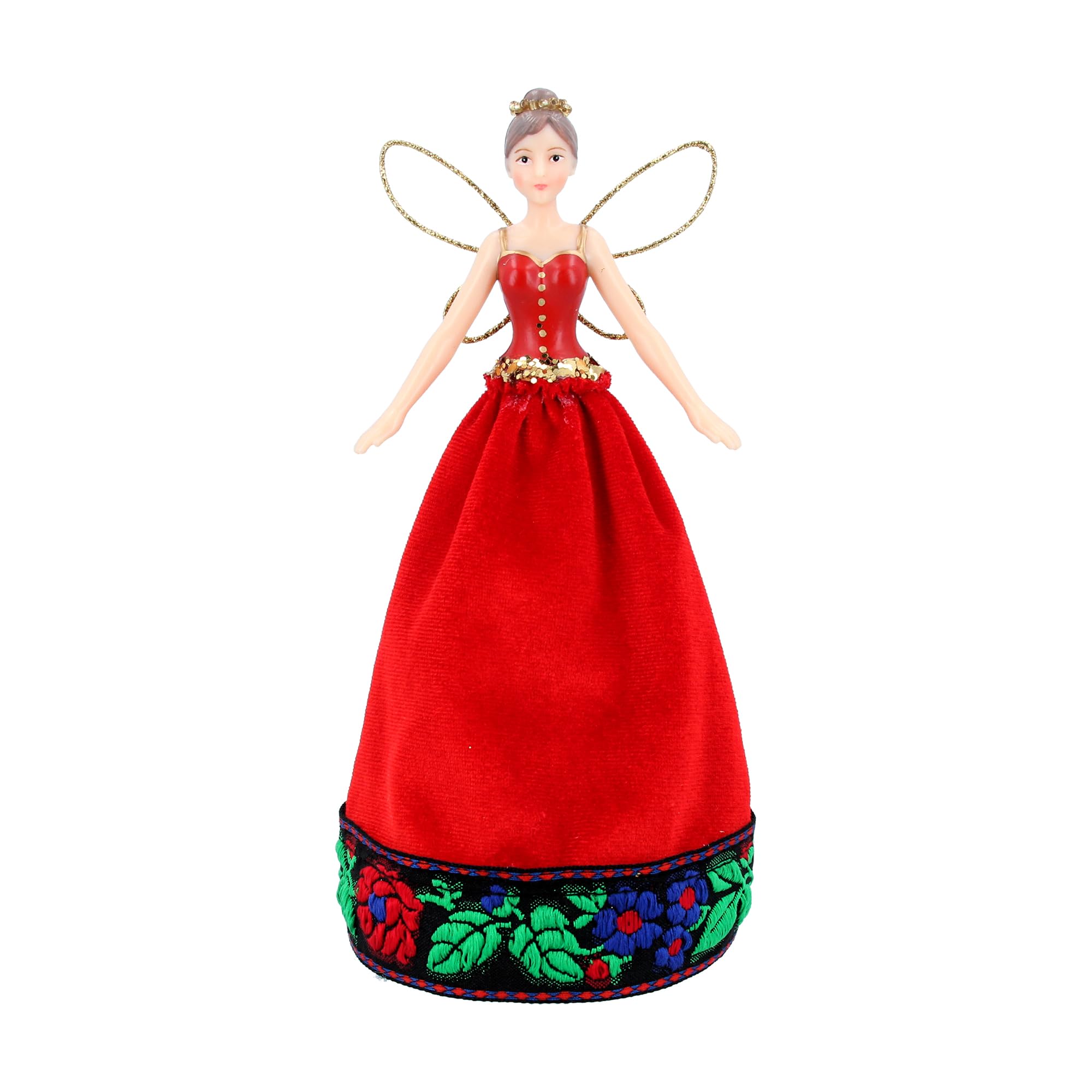 Gisela Graham Red, Green 18 Centimetre Folk Art Resin And Fabric Tree Top Fairy