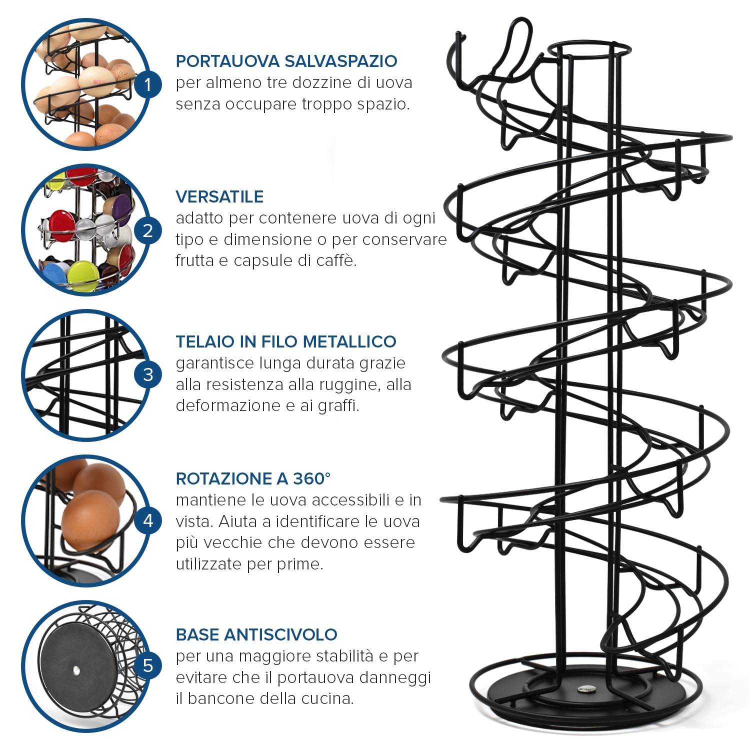Joeji's Kitchen Rastrelliera Portauova con base antiscivolo - Porta uova per oltre 3 dozzine di uova - Contenitore per Uova Spirale - Negro