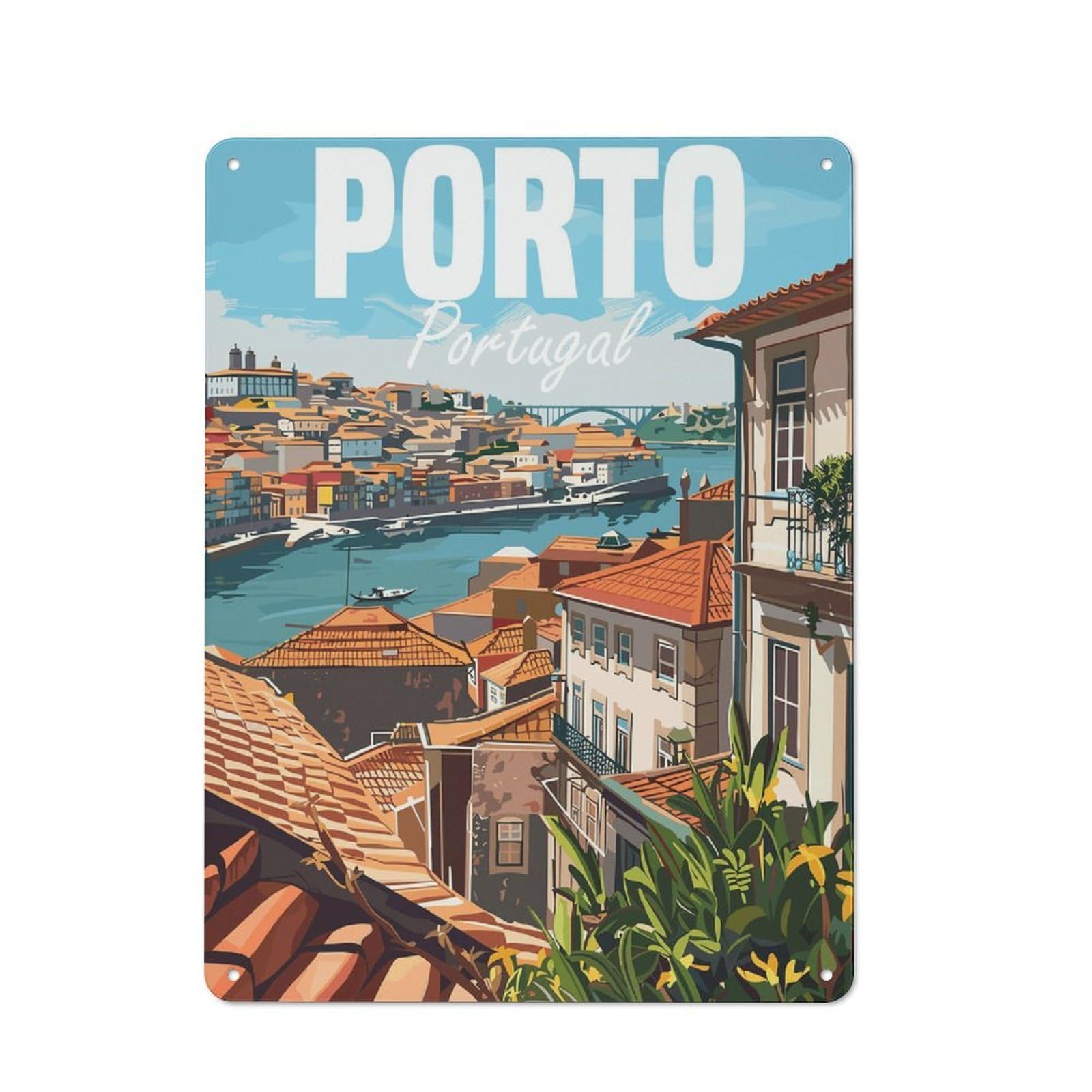 Junmoney Style-19 Tin Wall Plaque 40X30cm With Porto Cityscape Poster For Living Room Wall, Gift For Feature Wall Decorators During The Christmas Season
