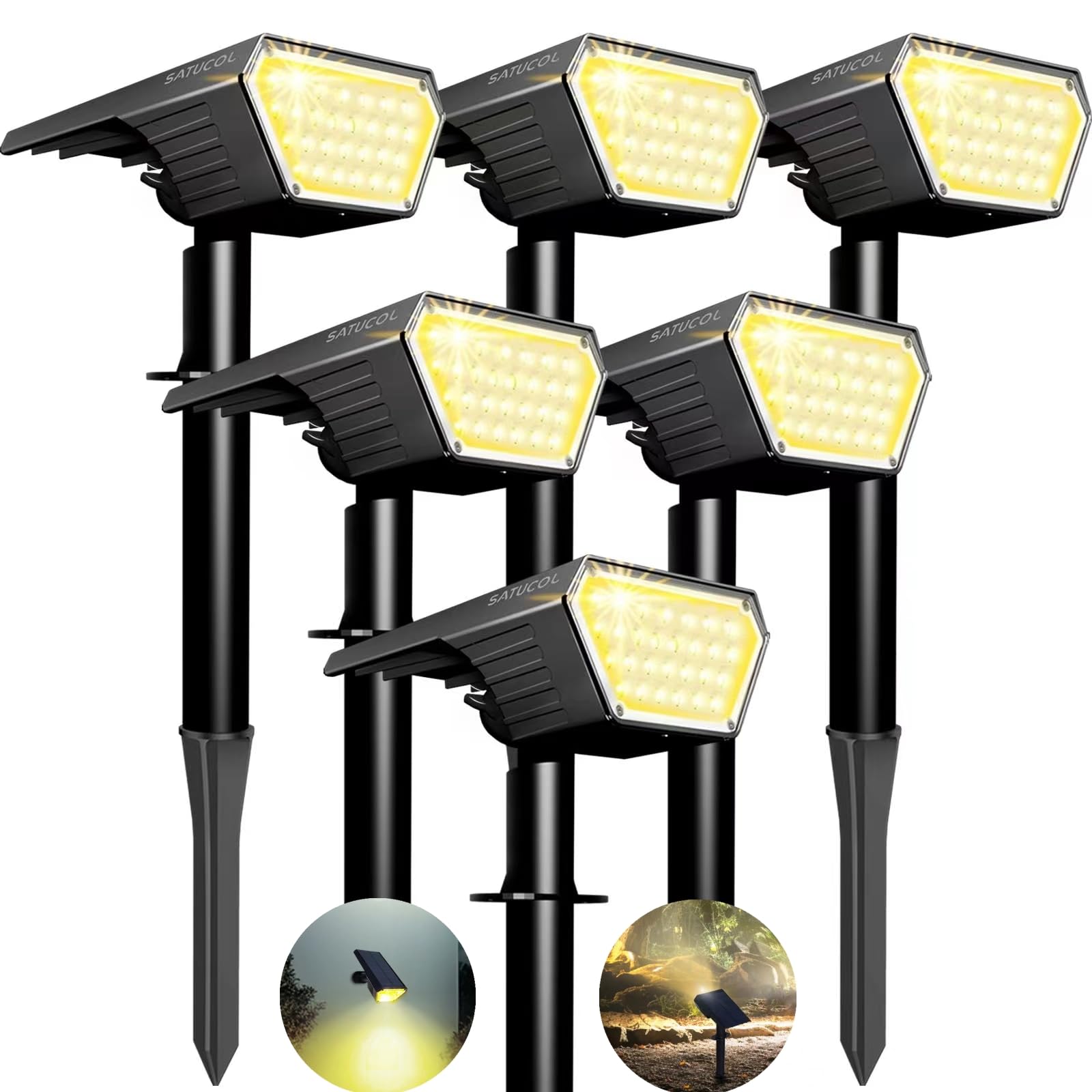 Satucol 6 Pack Solar Spot Lights Outdoor,Auto On/Off Solar Lights Outdoor Waterproof IP65,2-in-1 Solar Powered Outdoor Landscape Lighting,Solar Lights for Outside Yard Garden Pathway (Warm White [Energy Class A+++]