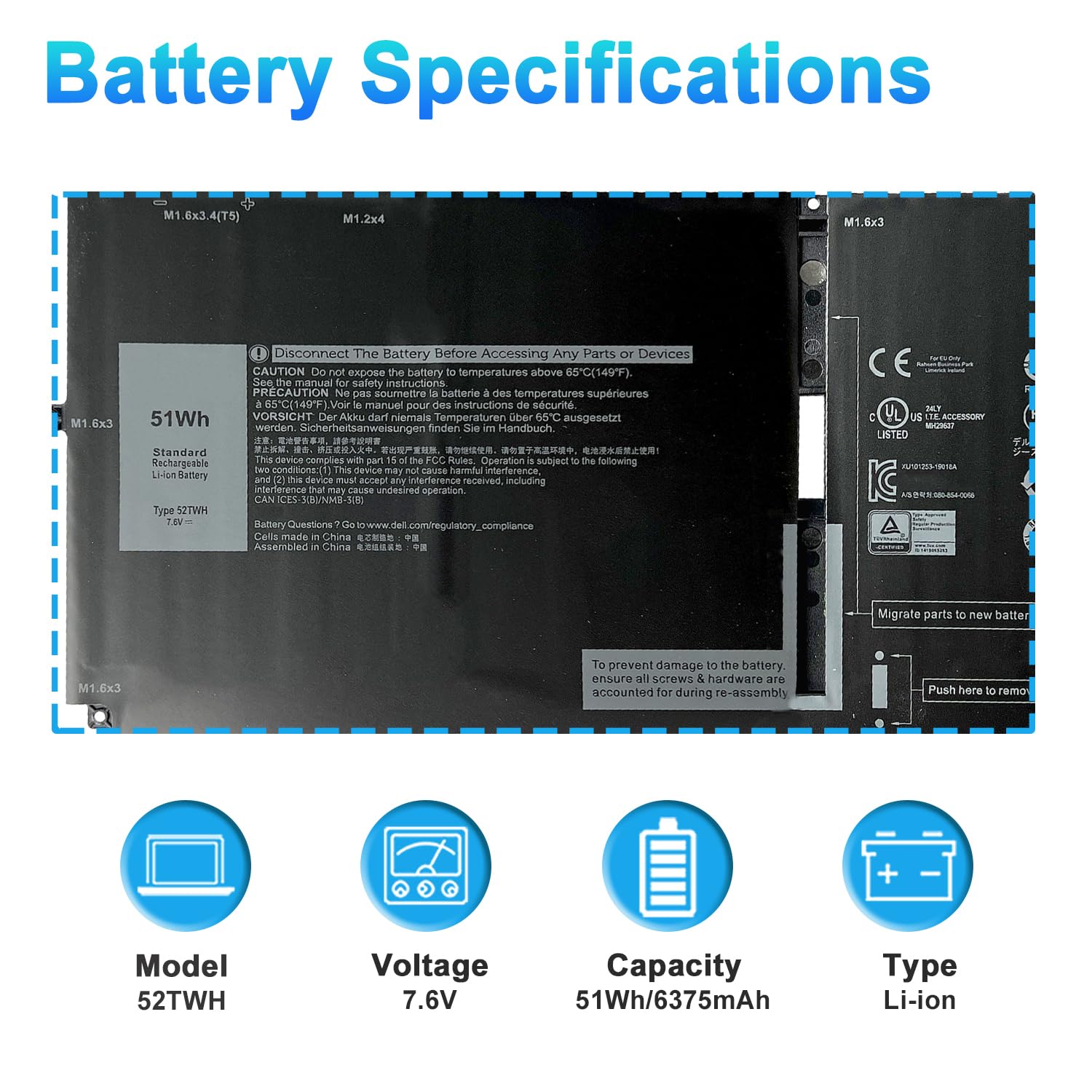 Amazon.com: 52TWH Laptop Battery Replacement for Dell XPS 13 7390