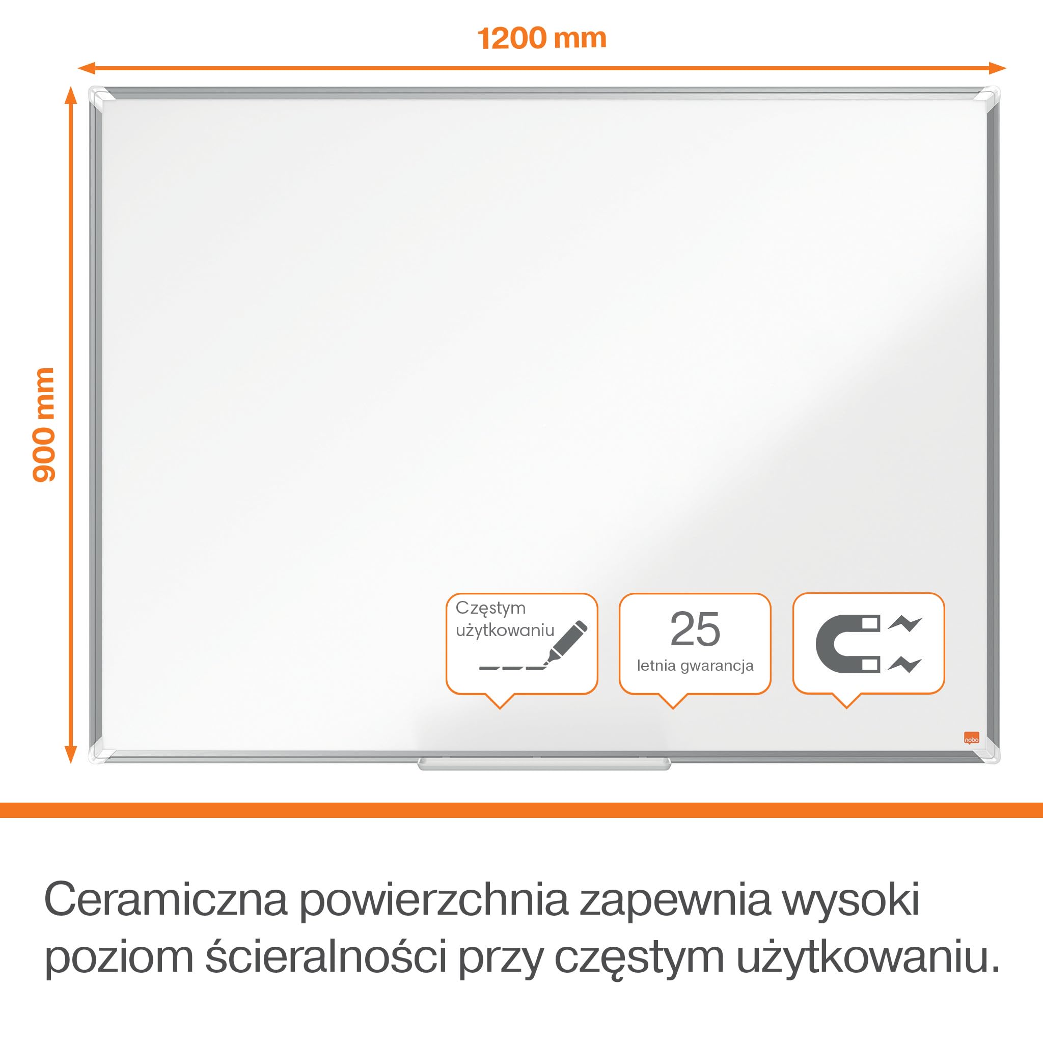 Nobo Tablica magnetyczna emaliowana, 90 x 120 cm, rama aluminiowa, tradycyjny montaż narożny, w zestawie markery do tablic suchościeralnych, Premium Plus, biała, 1915145