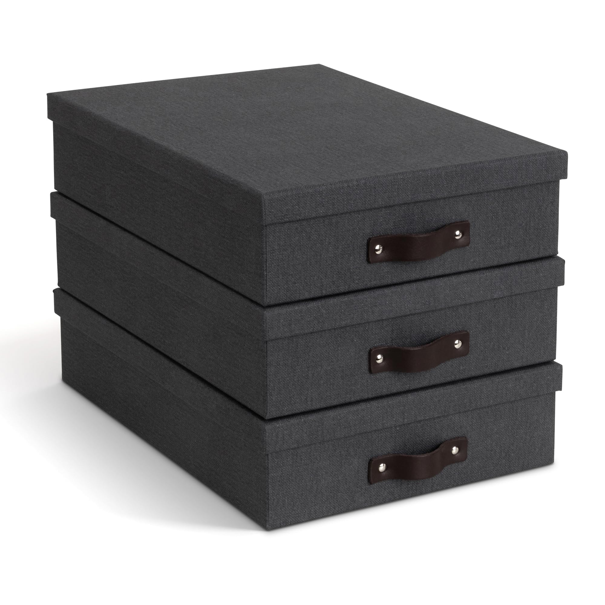 Bigso Oskar - Cassetta delle lettere per documenti importanti formato A4 o lettera, resistente, con coperchio e manico in pelle, 8,4 x 25,9 x 35,1 cm, colore nero, confezione da 3