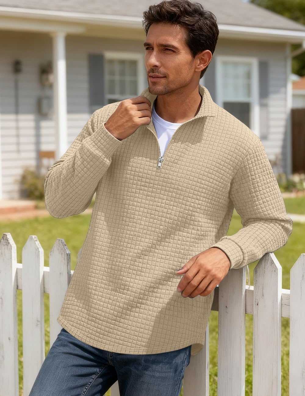 Mens Quarter Zip Pullover Quilted Sweatshirt Waffle Mock Neck Casual Long Sleeve Polo Sweater - Image 3