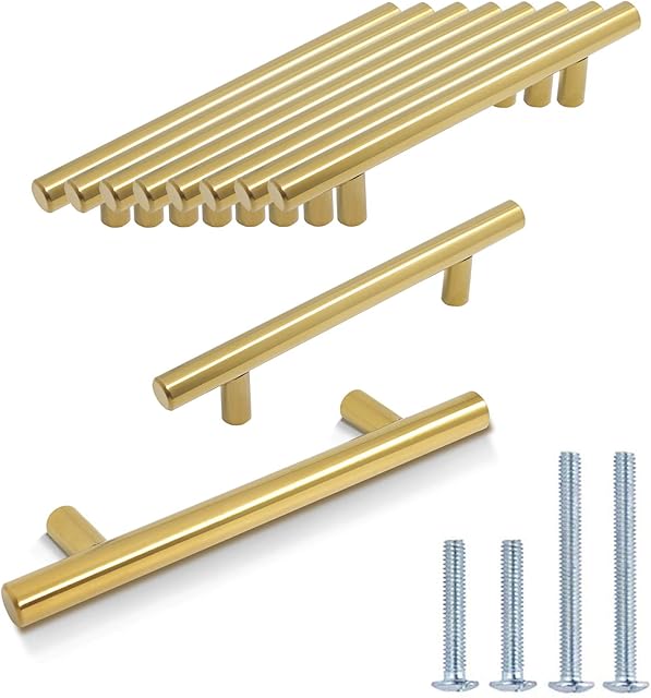 Probrico 10 PCS Gold Stainless Steel 96mm Hole Centers Kitchen Cabinet T Bar Handle Furniture Drawer Pulls Cuoboard Knobs